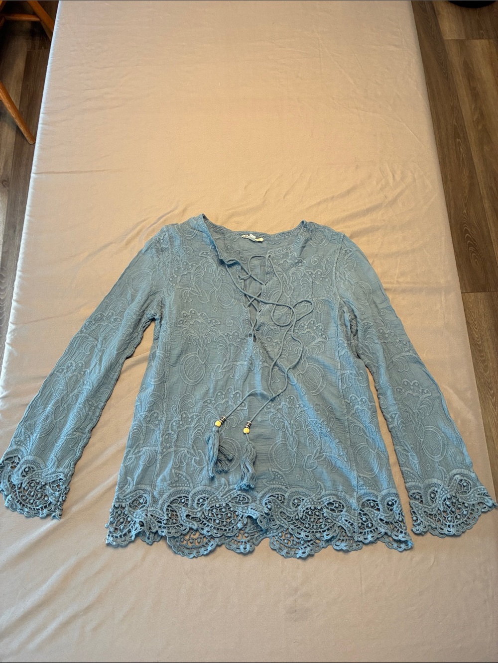 ODDY Light Blue Lace Crochet Tie-Front Blouse